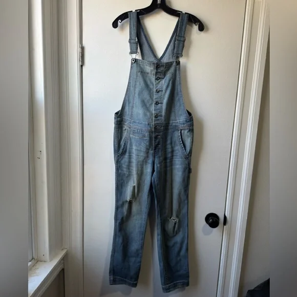 Free People Women's Button Front Blue Denim Overalls Sz 27 - Picture 2 of 13